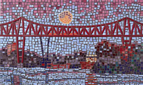 Mosaikbild mit Brücke und farbigen Flächen